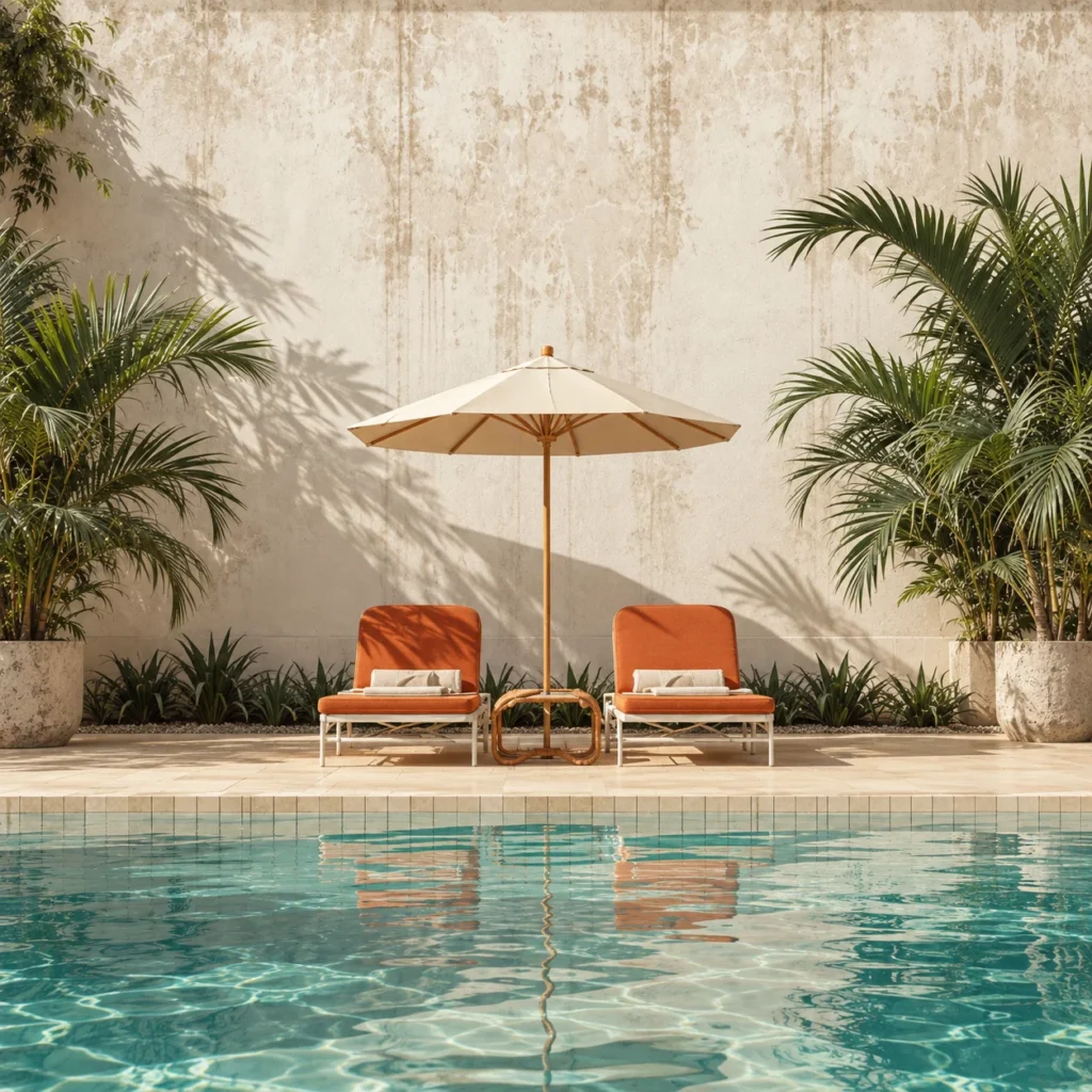 Poolside sun loungers with a parasol in an outdoor hospitality setting